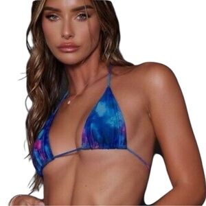 PrettyLittleThing Blue Acid Wash Contrast Tie Bikini Top NWT